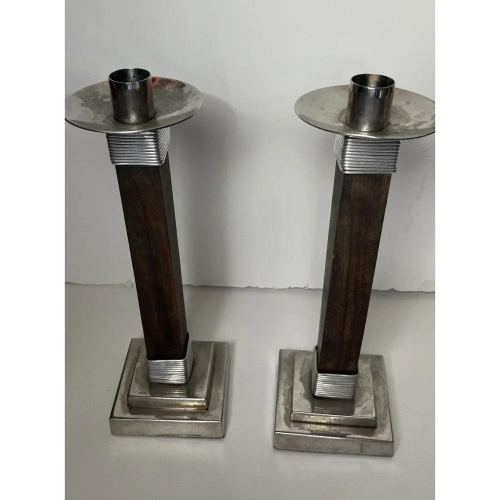 Vintage Set MCM Wood and Chrome Candle Holders